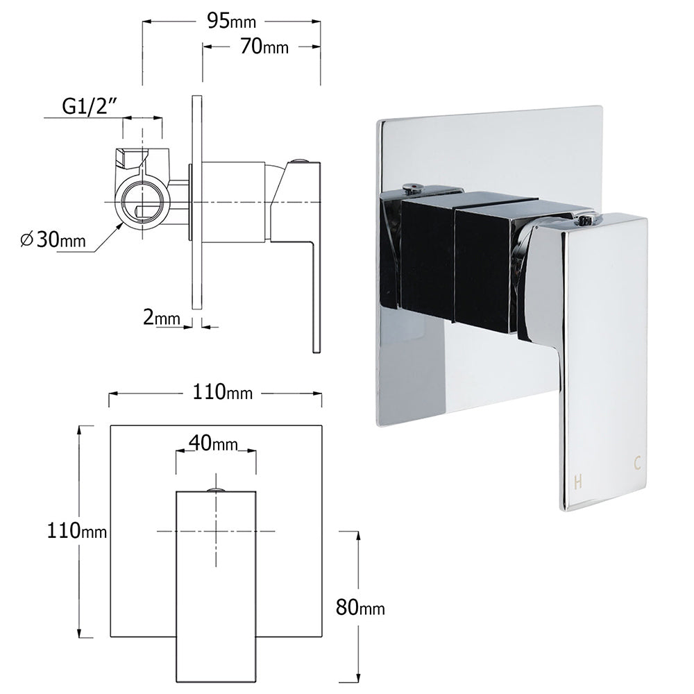 WELS Chrome Square Dual Rain Shower 8" Head 3 Mode Handheld Diverter Wall Arm Mixer Set