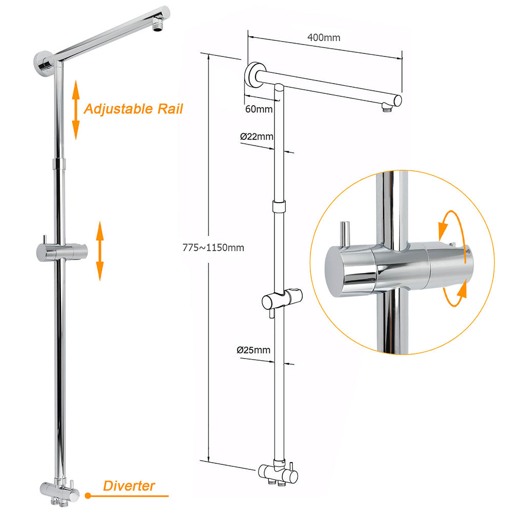 Square 8" Rain Shower Head 3 Mode Handheld Sliding Rail Arm 2 IN 1 Set Twin Taps
