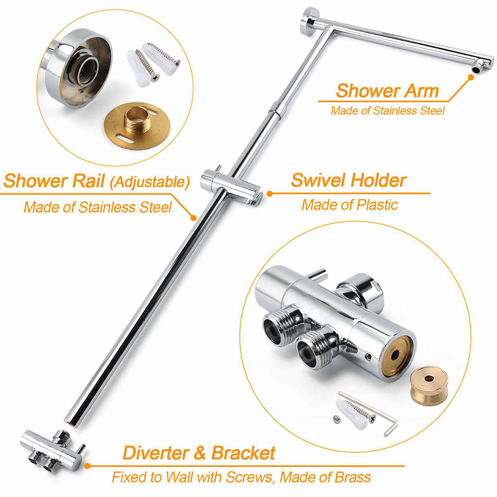 Square 8" Rain Shower Head 3 Mode Handheld Sliding Rail Arm Twin Set Diverter Mixer