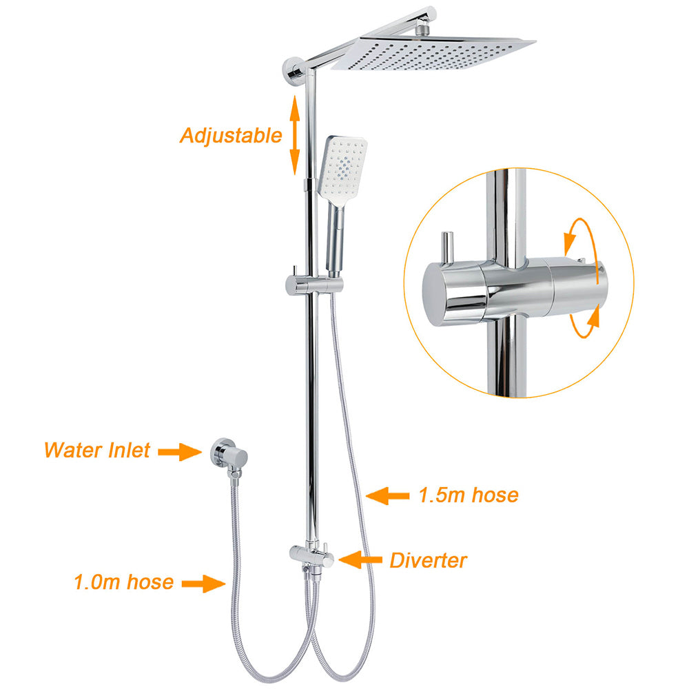 WELS Chrome Square 10" Rain Shower Head 3 Mode Handheld Sliding Rail Wall Arm Taps Set