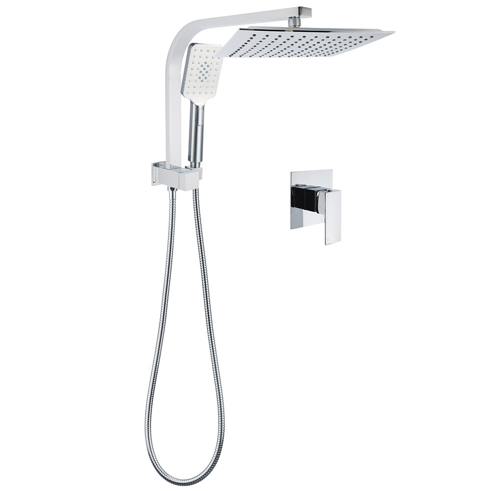 WELS Twin Square 10" Rain Shower Head 3 Mode Handheld Diverter Wall Arm Mixer Set