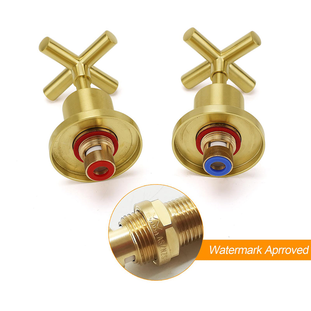 Brushed Gold Shower 1/4 Turn Twin Taps Basin Bath Spout Hot Cold Water Mixer Set