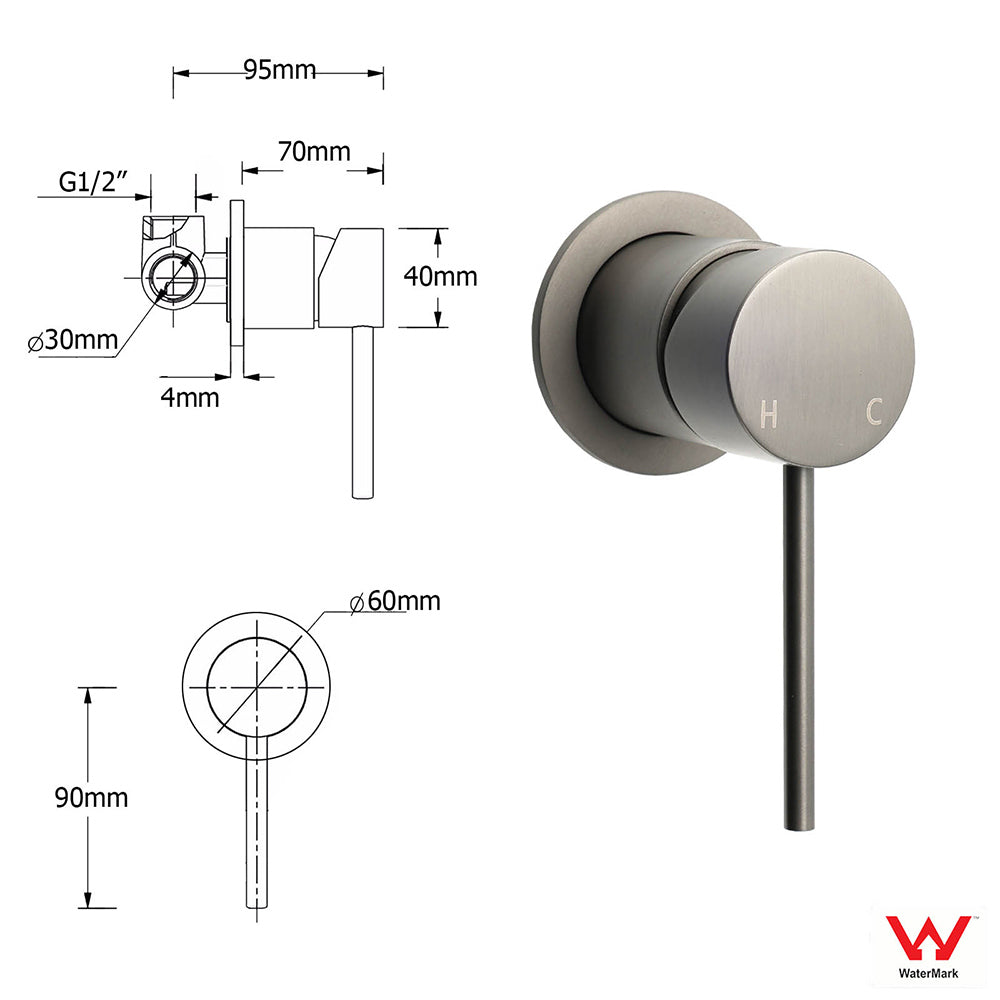 Gun Metal Round Small Face Wall Shower Mixer Hot Cold Bath Tap Valve Cartridge