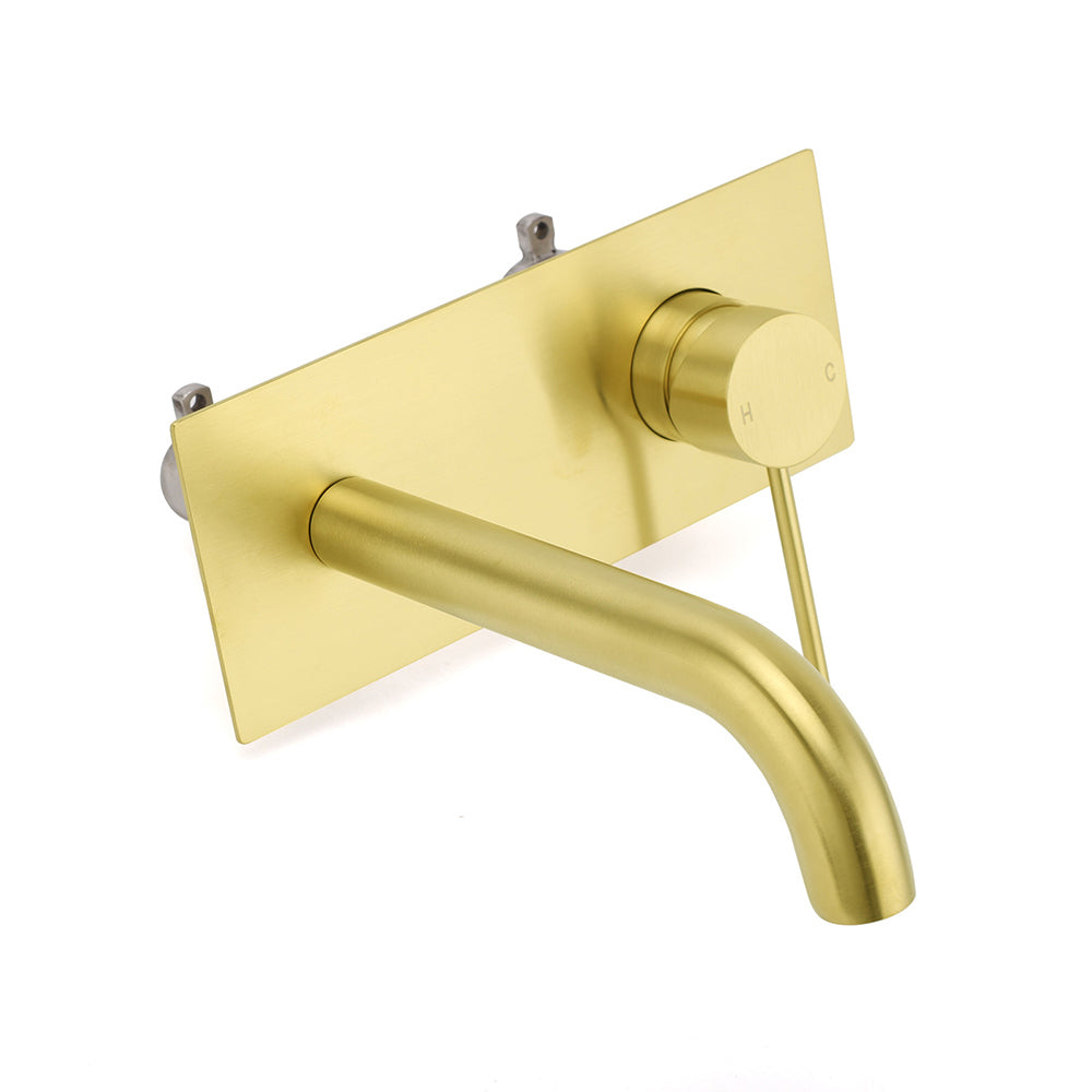 Brushed Gold Round Wall Mounted Basin Mixer Vanity Sink Tap Faucet Curve Spout