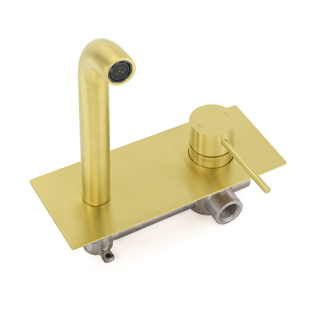 Brushed Gold Round Wall Mounted Basin Mixer Vanity Sink Tap Faucet Curve Spout