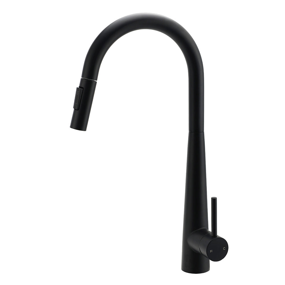 Round Matt Black Pull Out Kitchen Sink Tap Laundry Basin Mixer 2 Way Spout Set