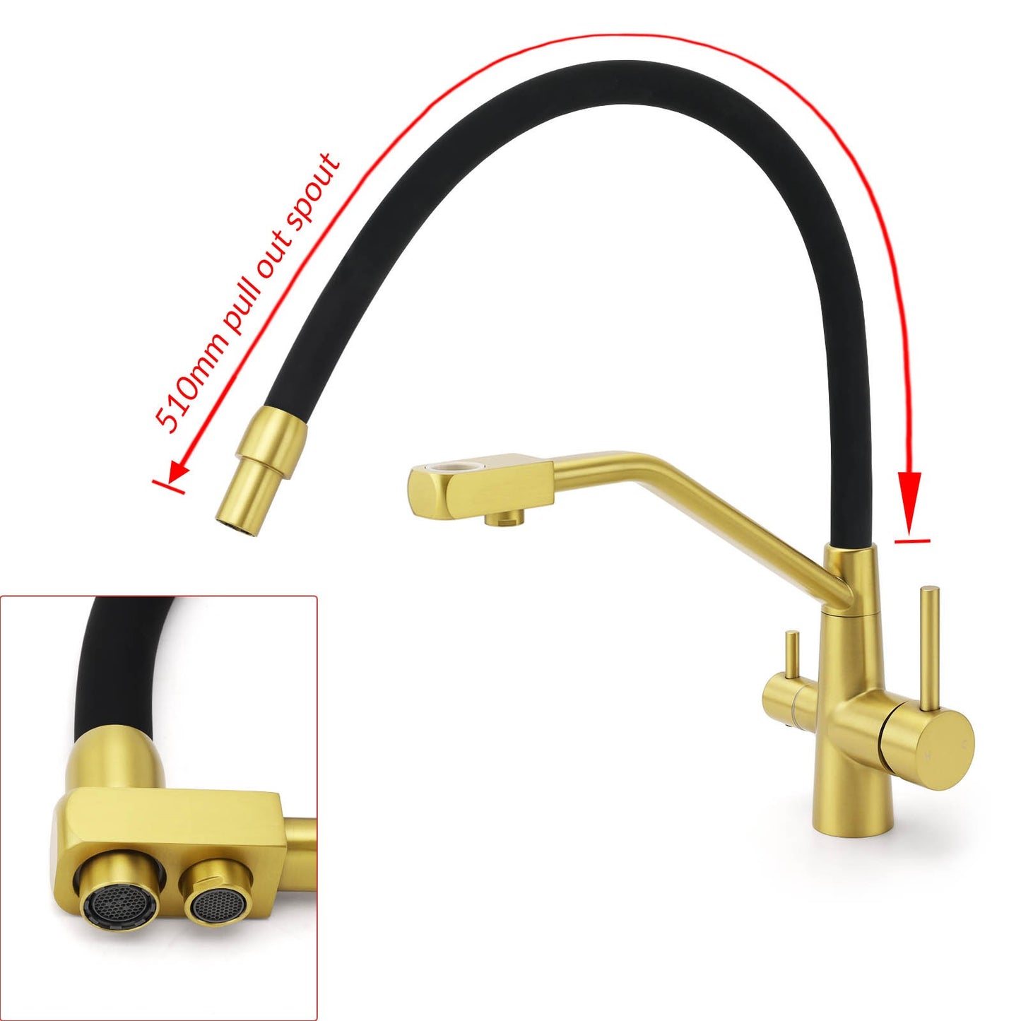 WELS Brushed Gold 3-Way Pure Drink Water Kitchen Mixer Sink Tap Pull Out Spout