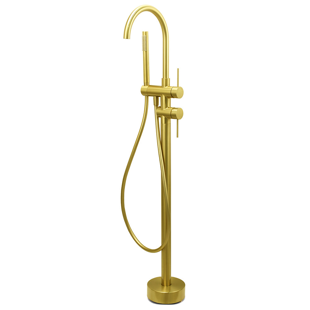WELS Brushed Gold Bath Tub Mixer Tap Free Standing Faucet Spout Handheld Shower