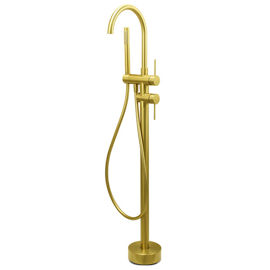 WELS Brushed Gold Bath Tub Mixer Tap Free Standing Faucet Spout Handheld Shower
