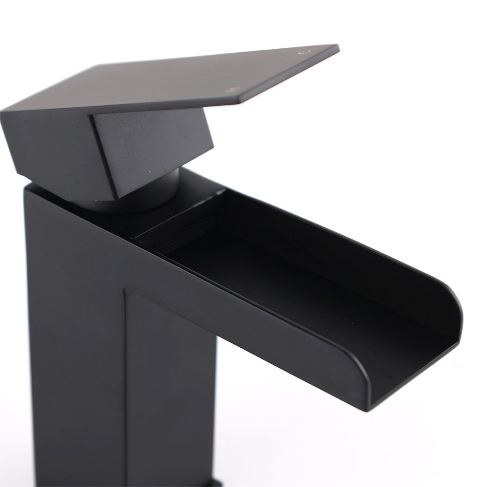 WELS Matt Black Cubic Square Basin Mixer Waterfall Faucet Spout Laundry Tap Set