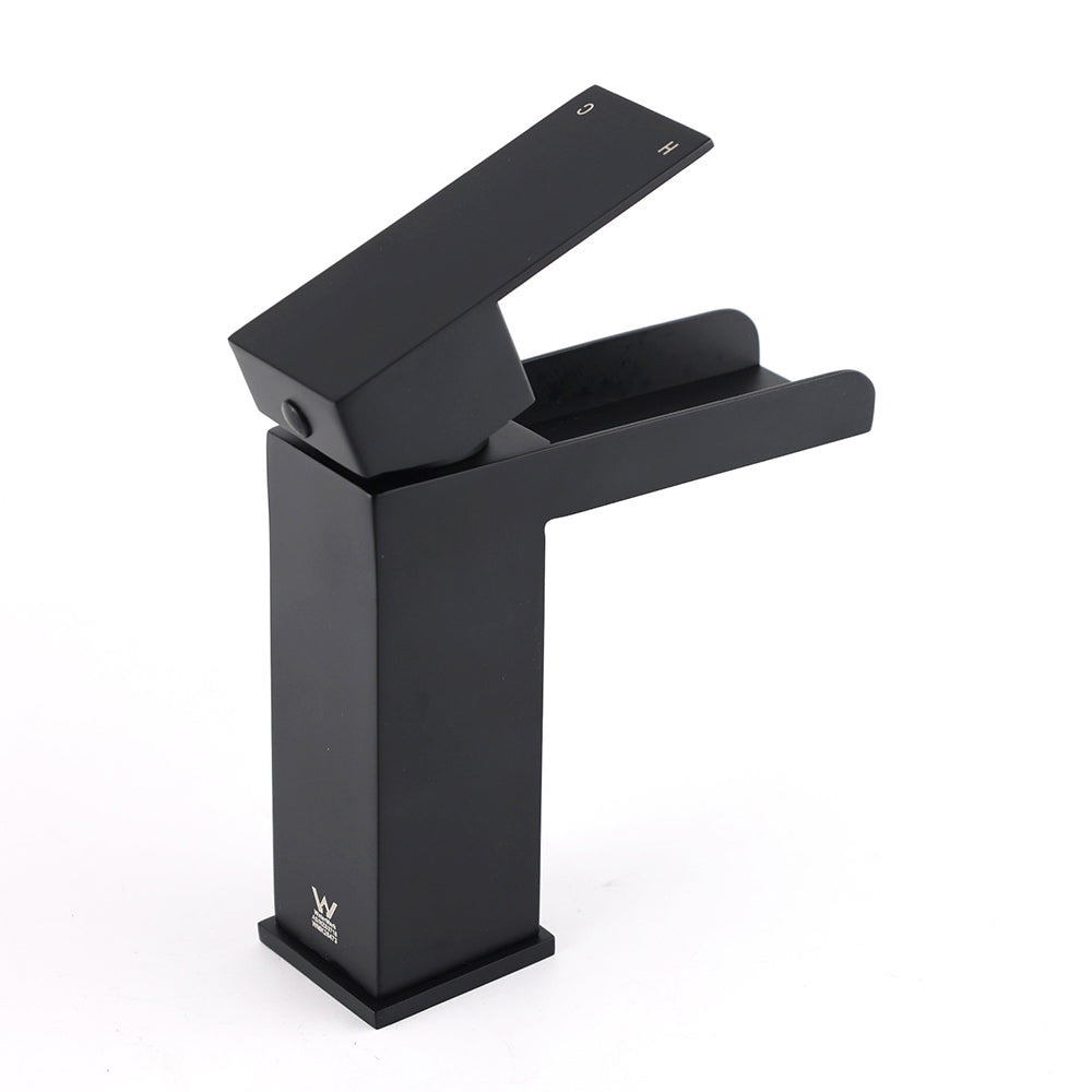 WELS Matt Black Cubic Square Basin Mixer Waterfall Faucet Spout Laundry Tap Set