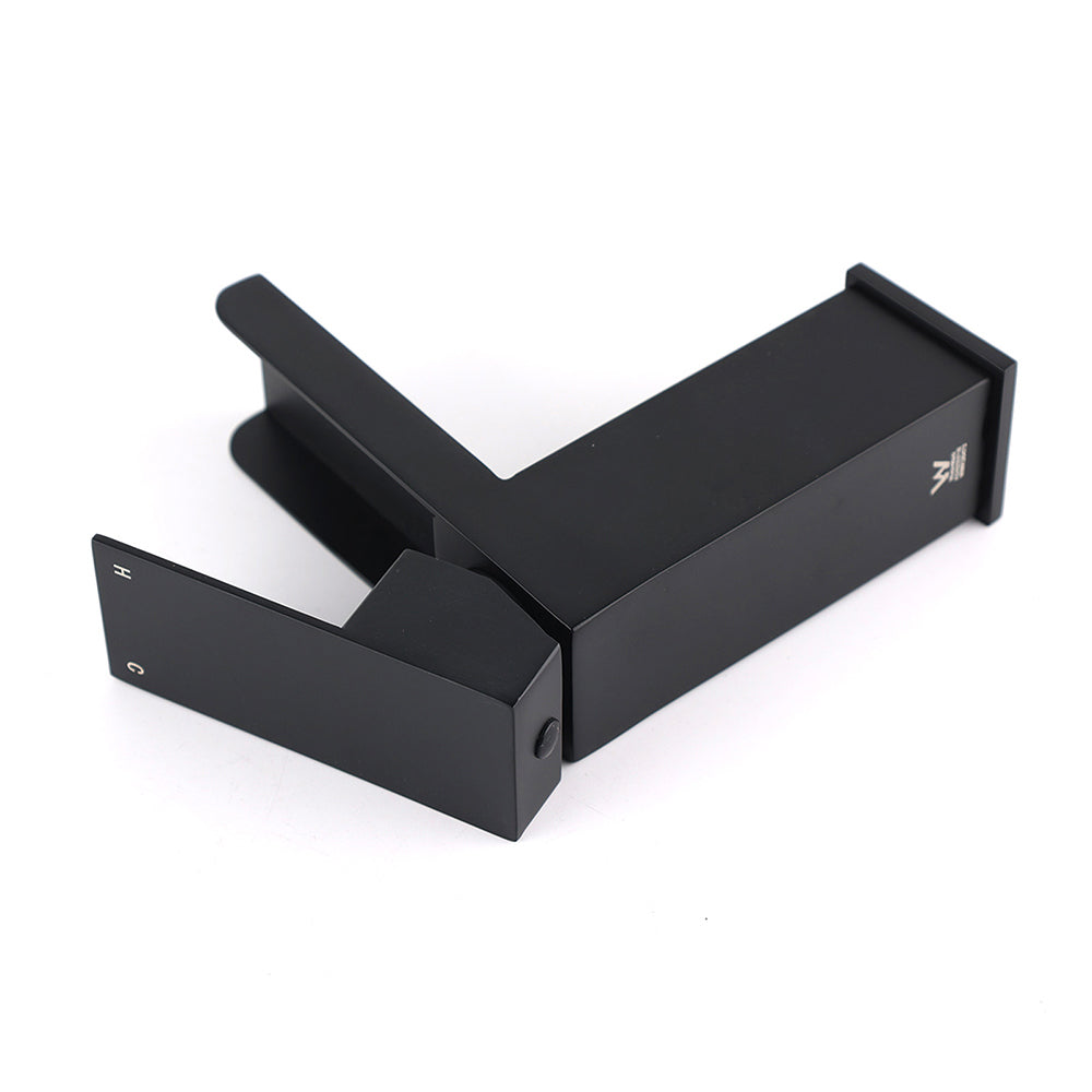 WELS Matt Black Cubic Square Basin Mixer Waterfall Faucet Spout Laundry Tap Set