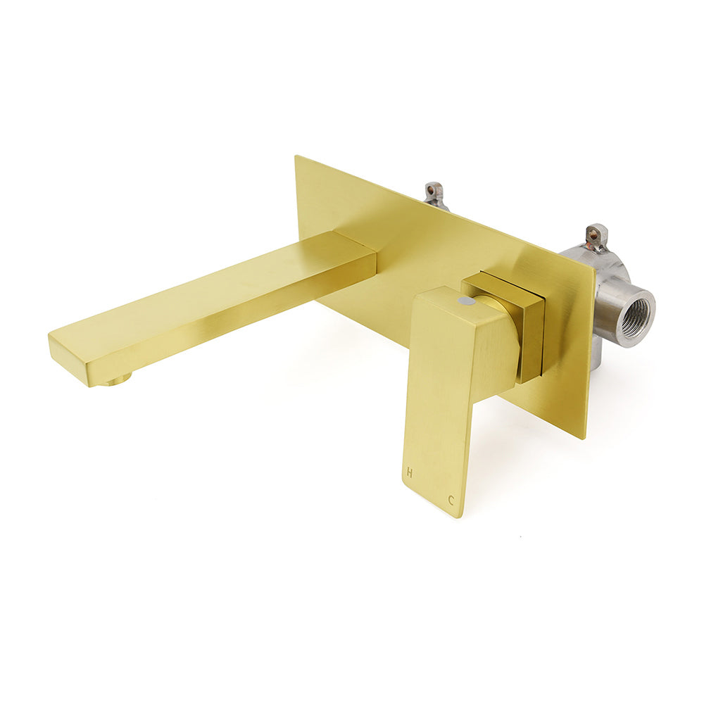 Brushed Gold Square Wall Mount Basin Mixer Laundry Vanity Tap Spout Faucet Set