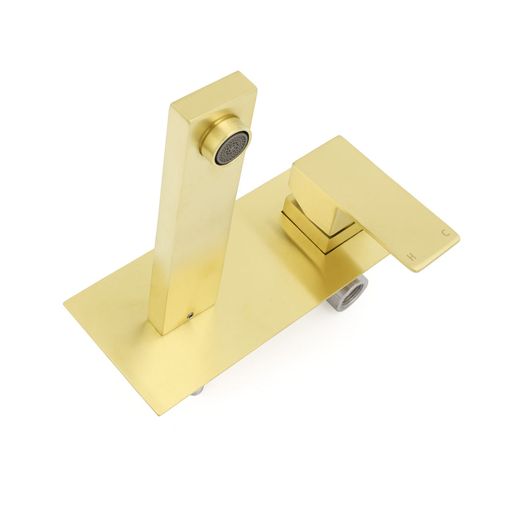Brushed Gold Square Wall Mount Basin Mixer Laundry Vanity Tap Spout Faucet Set
