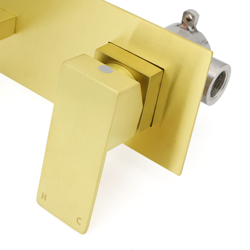 Brushed Gold Square Wall Mount Basin Mixer Laundry Vanity Tap Spout Faucet Set