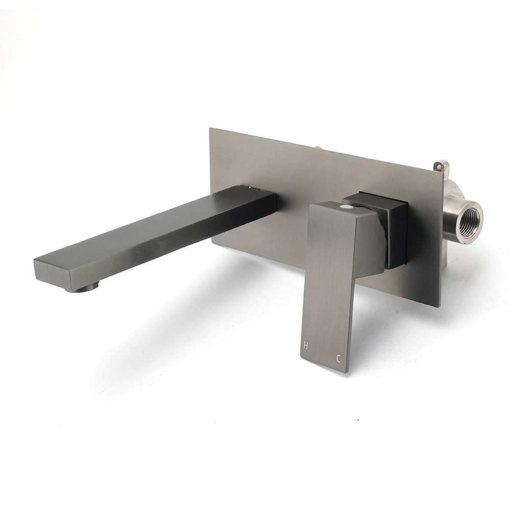 WELS Gun Metal Square Wall Mount Basin Mixer Laundry Vanity Tap Spout Faucet Set