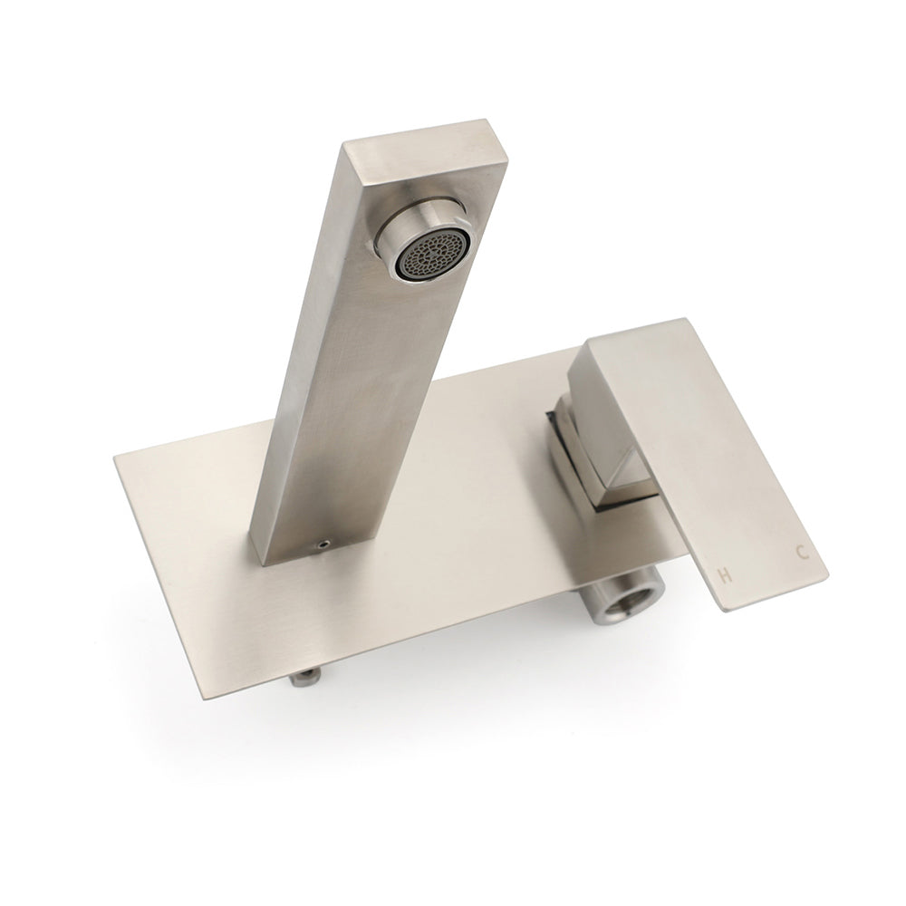 Brushed Nickel Square Wall Mount Basin Mixer Laundry Vanity Tap Spout Faucet Set