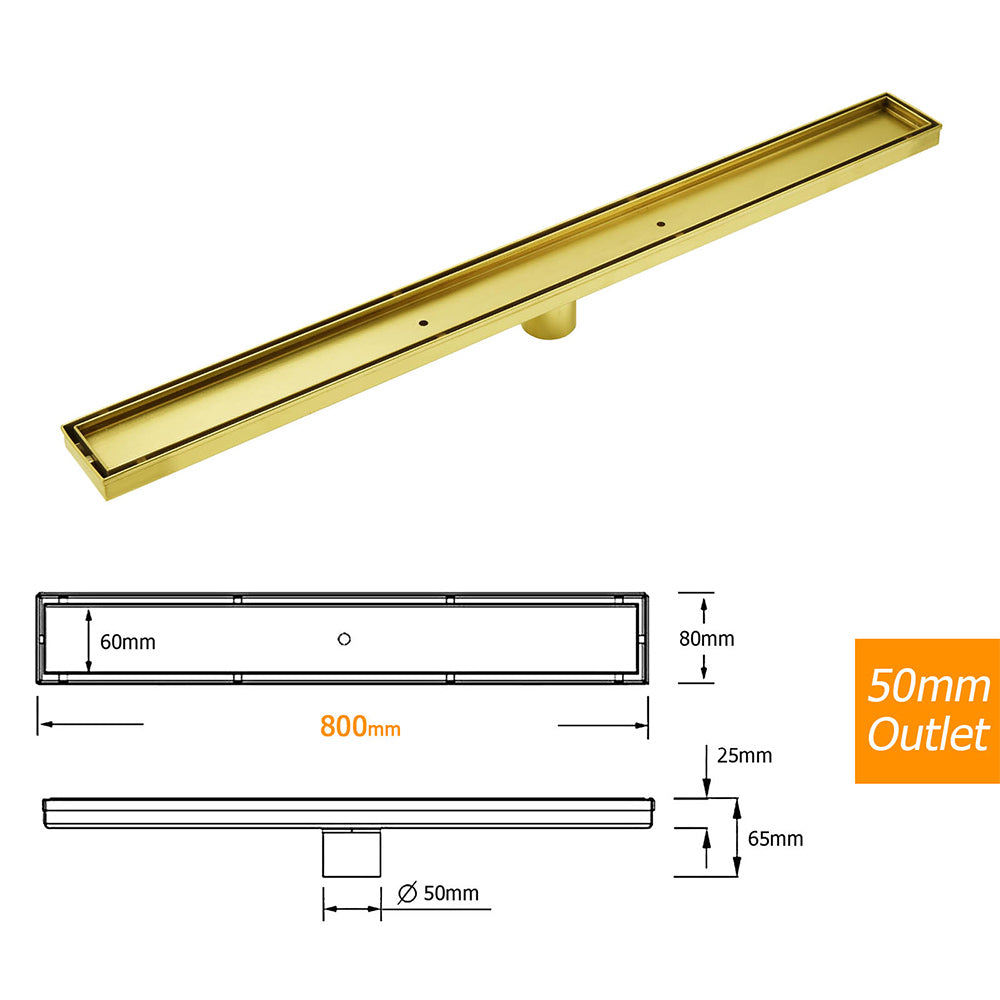Brushed Gold 304SUS 800mm Tile Insert Shower Grate Floor Drain 50mm Waste Outlet