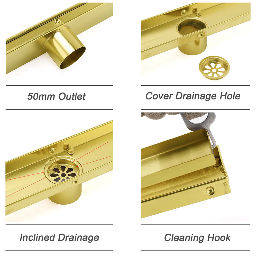 Brushed Gold 600mm Tile Insert Linear Shower Grate Floor Drain 50mm Outlet Waste