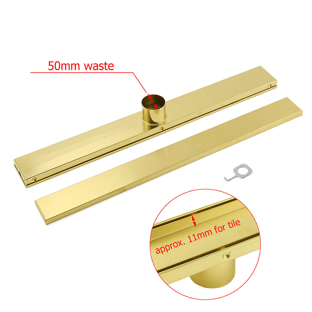 Brushed Gold 600mm Tile Insert Linear Shower Grate Floor Drain 50mm Outlet Waste