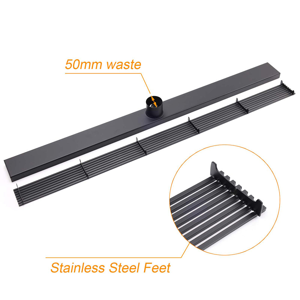 Matt Black 800mm Strip Fence Shower Grate Floor Drain Central 50mm Waste Outlet