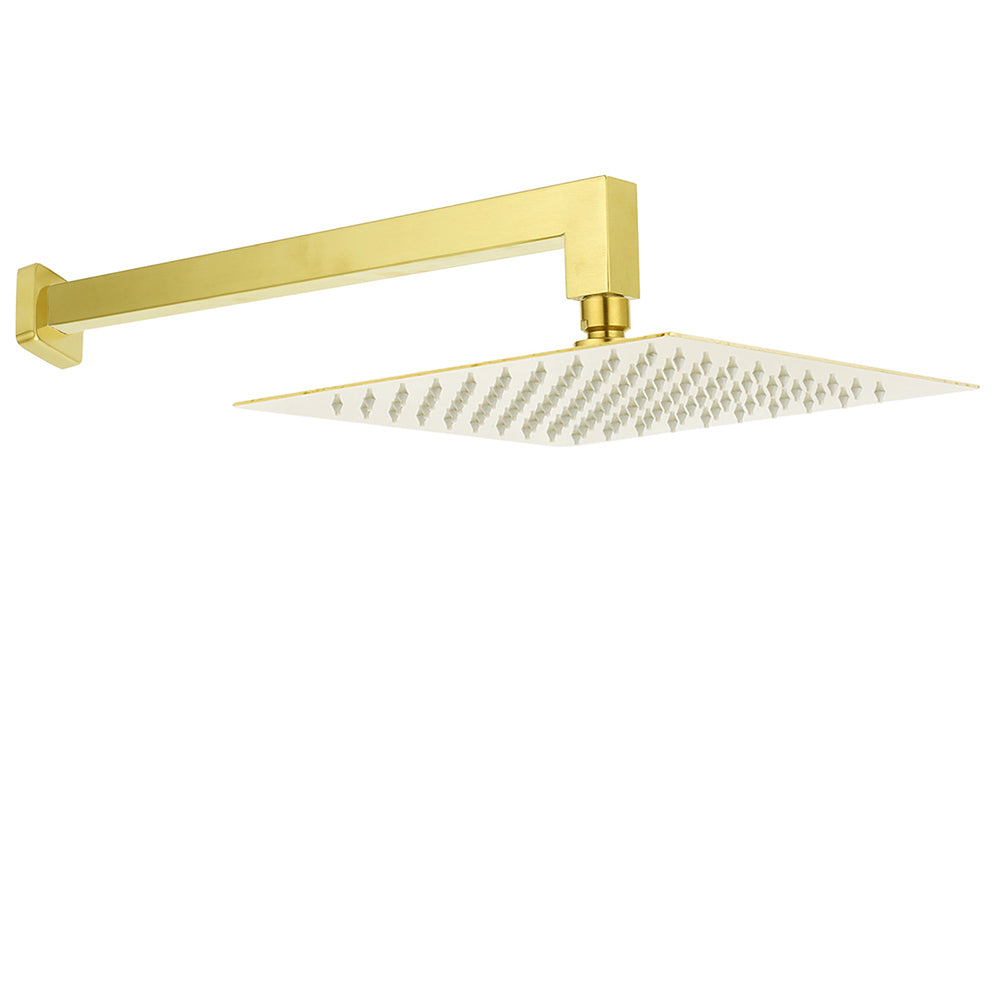 WELS Brushed Gold 12" Square Thin Rain Shower Head 400mm Straight Wall Arm Set