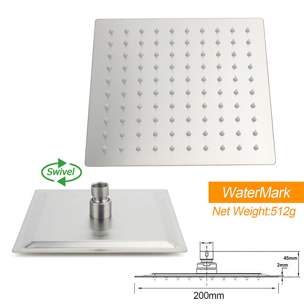 Brushed Nickel 8" Square Rainfall Shower Head + 400mm Straight Wall Mount Arm