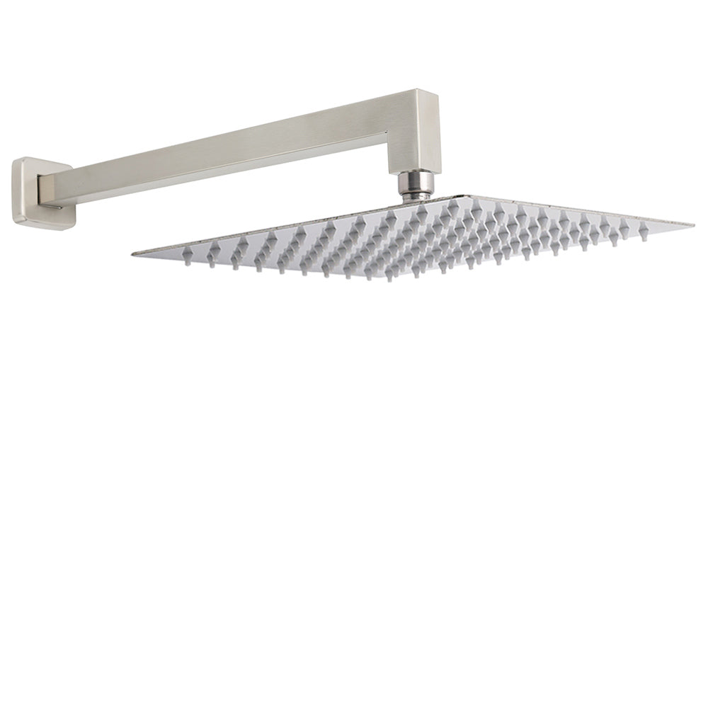 Brushed Nickel 12" Square Rainfall Shower Head + 400mm Straight Wall Mount Arm