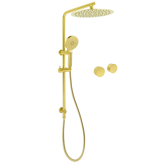 WELS Brushed Gold Dual Shower Set Large Round 12" Rain Head Handheld Silde Wall Rail Arm Taps