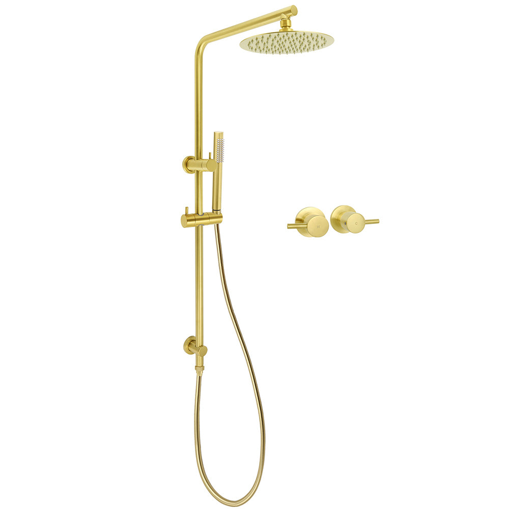 Brushed Gold 2in1 Shower Set 8" Round Head Stainless Steel Handheld Sliding Rail Arm + Twin Taps