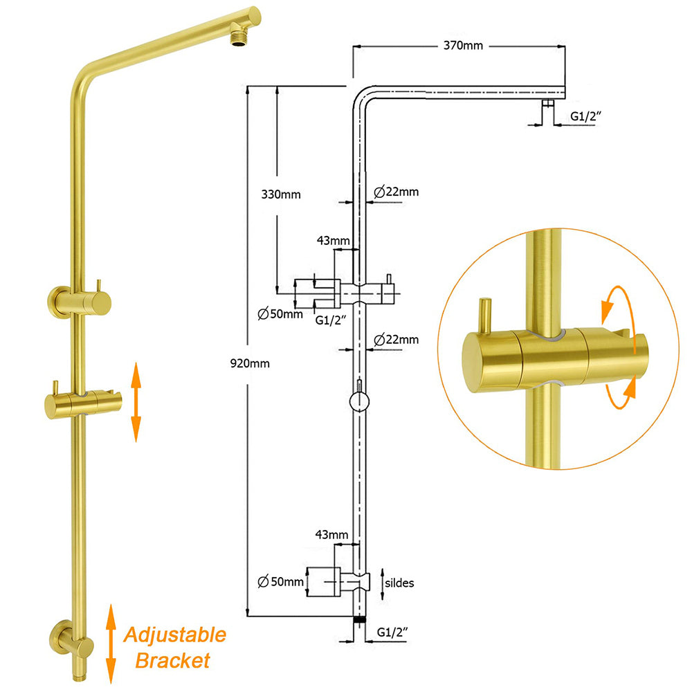 Brushed Gold Dual Shower Set 8" Round Head Ergonomic Handheld Sliding Rail Arm Twin Taps