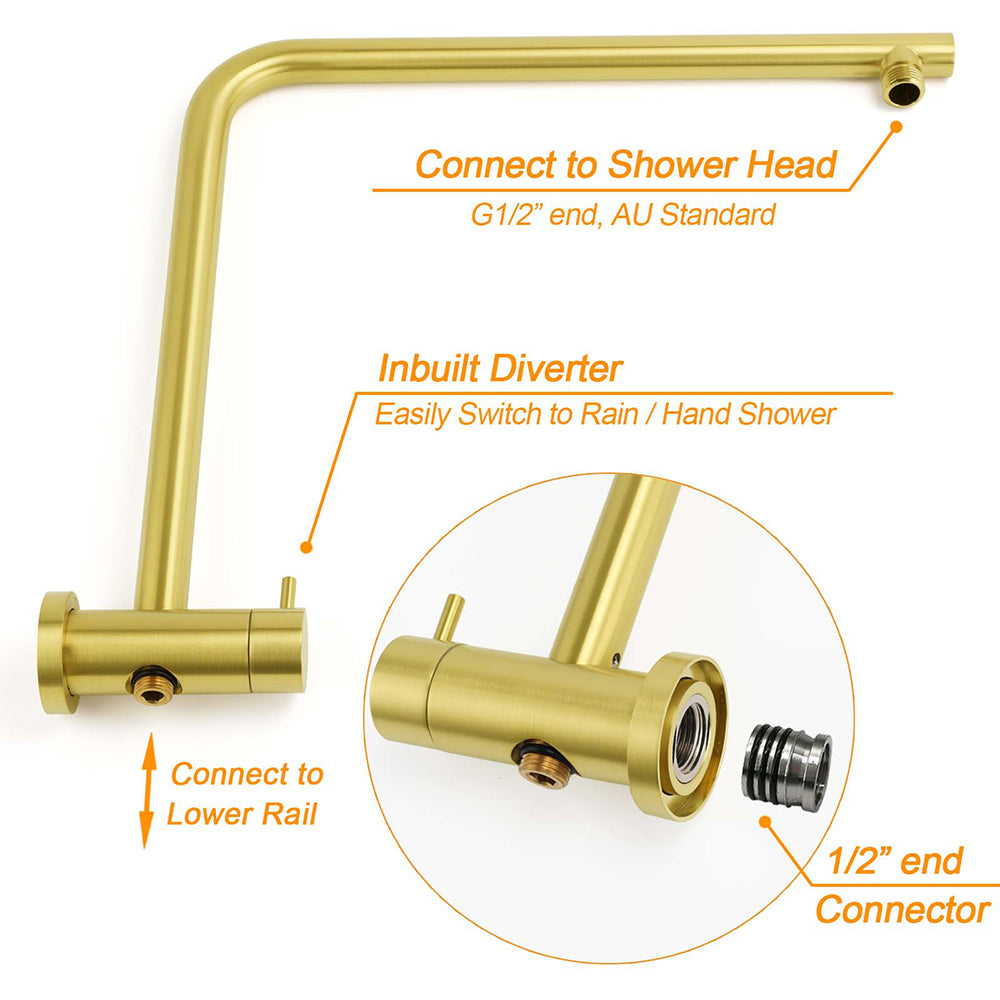 Brushed Gold Dual Shower Set 8" Round Head Ergonomic Handheld Sliding Rail Arm Twin Taps
