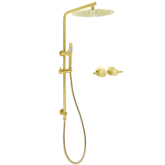 WELS Brushed Gold Large Top Shower Round 12" Rain Head Handheld Silde Wall Rail Arm Twin Taps