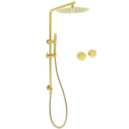 WELS Brushed Gold Dual Shower Set Large Round 12" Rainfall Head Metal Handheld Silde Rail Wall Taps