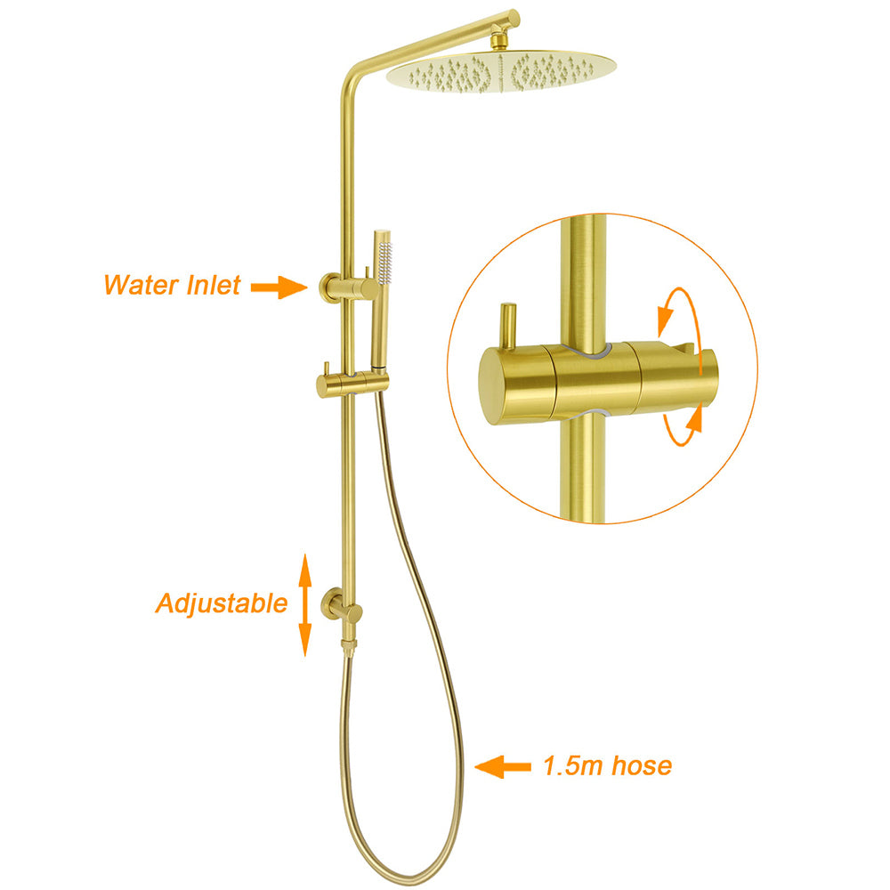 WELS Brushed Gold Dual Shower Set Large Round 12" Rainfall Head Metal Handheld Silde Rail Wall Taps