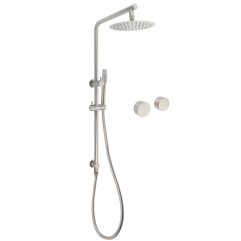 Brushed Nickel 2in1 Shower Set Sliding Rail Arm 8" Round Head Stainless Steel Handheld Twin Taps Valve