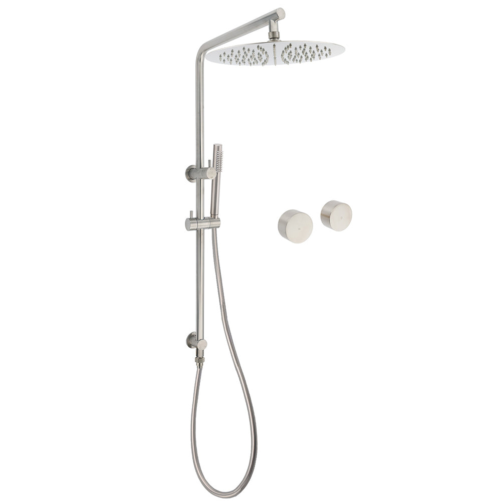 WELS Brushed Nickel Dual Shower Set Sliding Rail Arm 12" Round Head Metal Handheld Twin Taps Valve