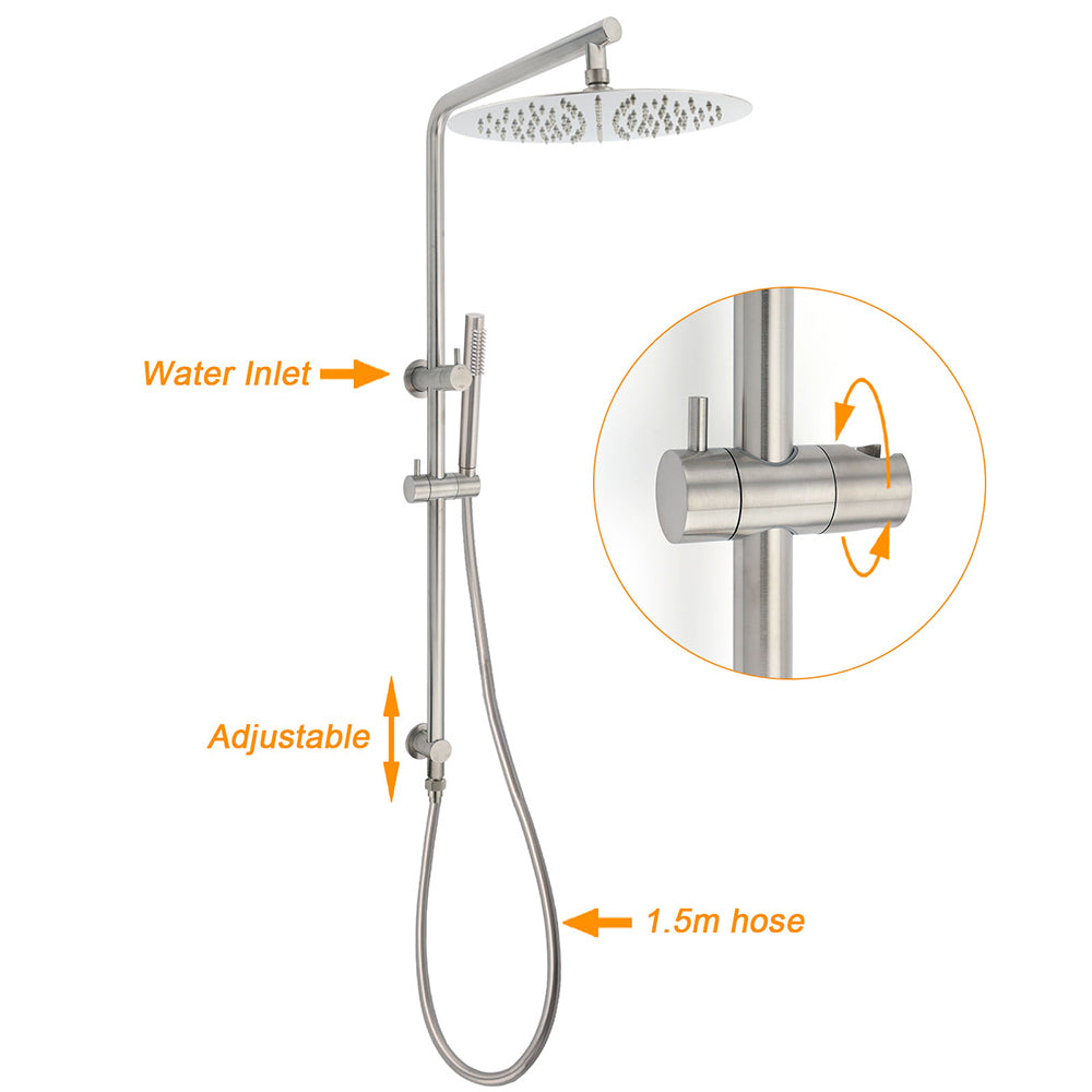 WELS Brushed Nickel Dual Shower Set Sliding Rail Arm 12" Round Head Metal Handheld Twin Taps Valve