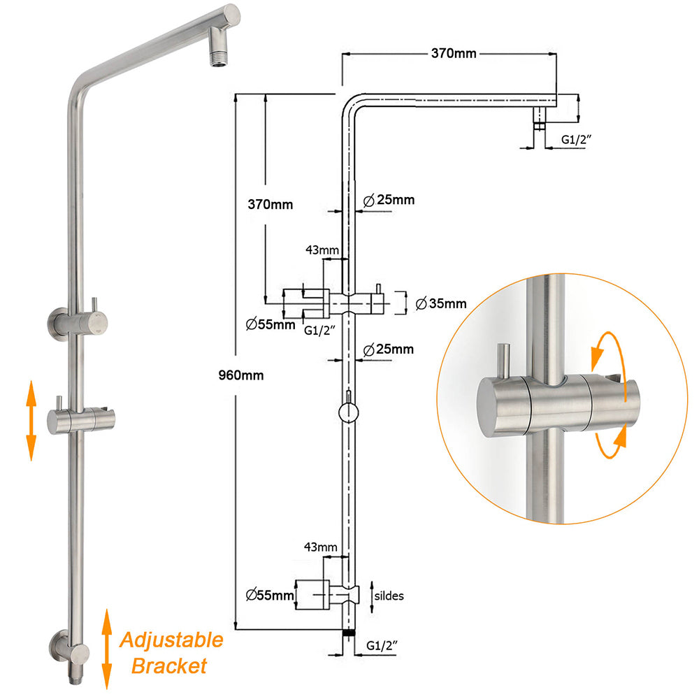 WELS Brushed Nickel Dual Shower Set Sliding Rail Arm 12" Round Head Metal Handheld Twin Taps Valve