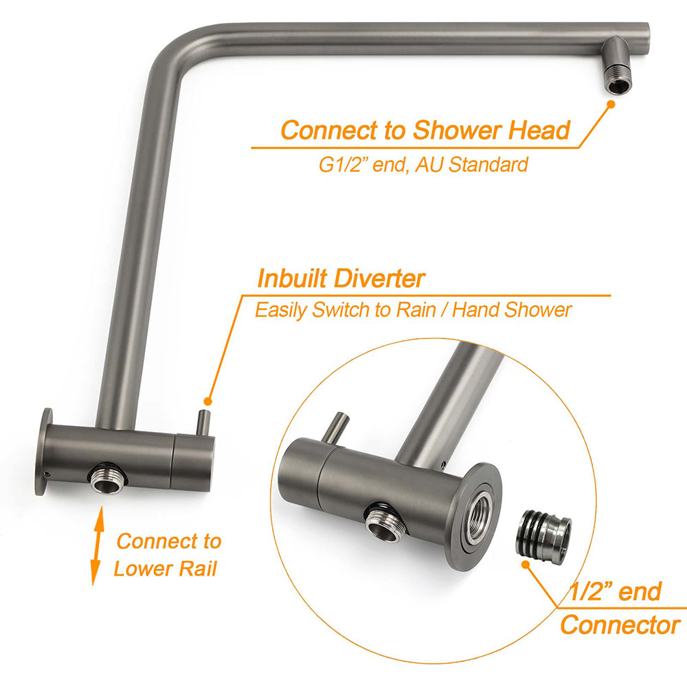 WELS Gunmetal Round 10" Twin Shower Head 3 Modes Handheld Slide Rail Diverter Arm