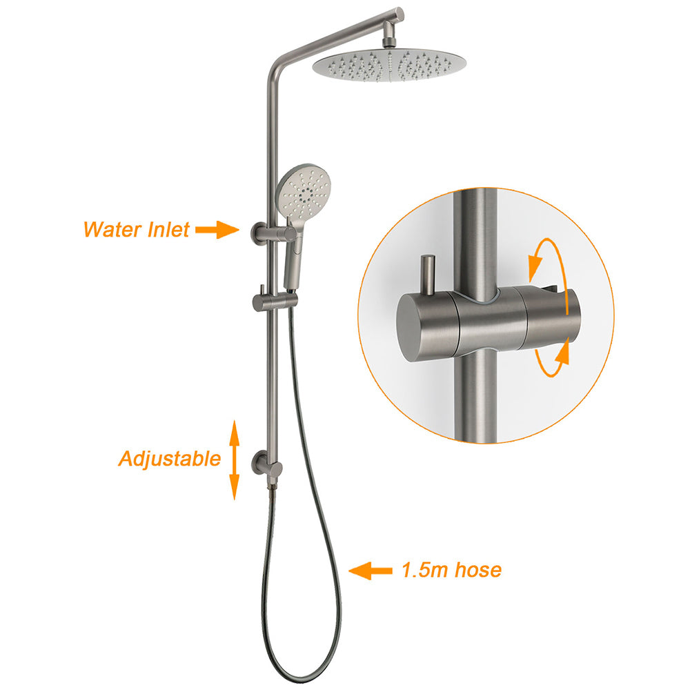 WELS Gun Metal Round 10" 2in1 Shower Head 3 Modes Handheld Slide Rail Arm Twin Taps