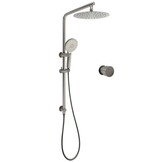 WELS Gun Metal Round 10" Twin Shower Head 3 Modes Handheld Slide Rail Arm Diverter Mixer Set