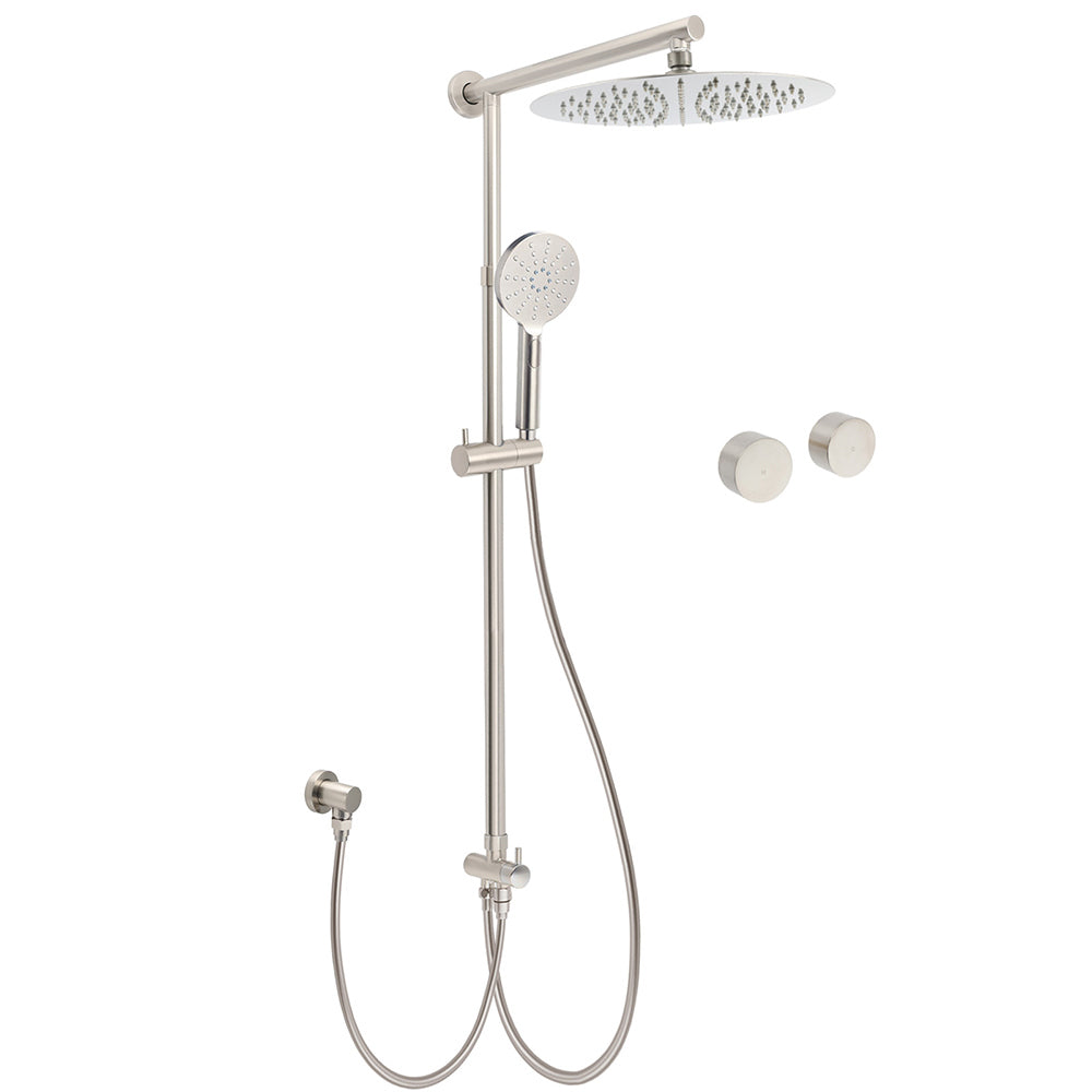 Brushed Nickel Round 12" Large Rain Head Shower Handheld Sliding Rail Arm Chrome Set + Twin Taps
