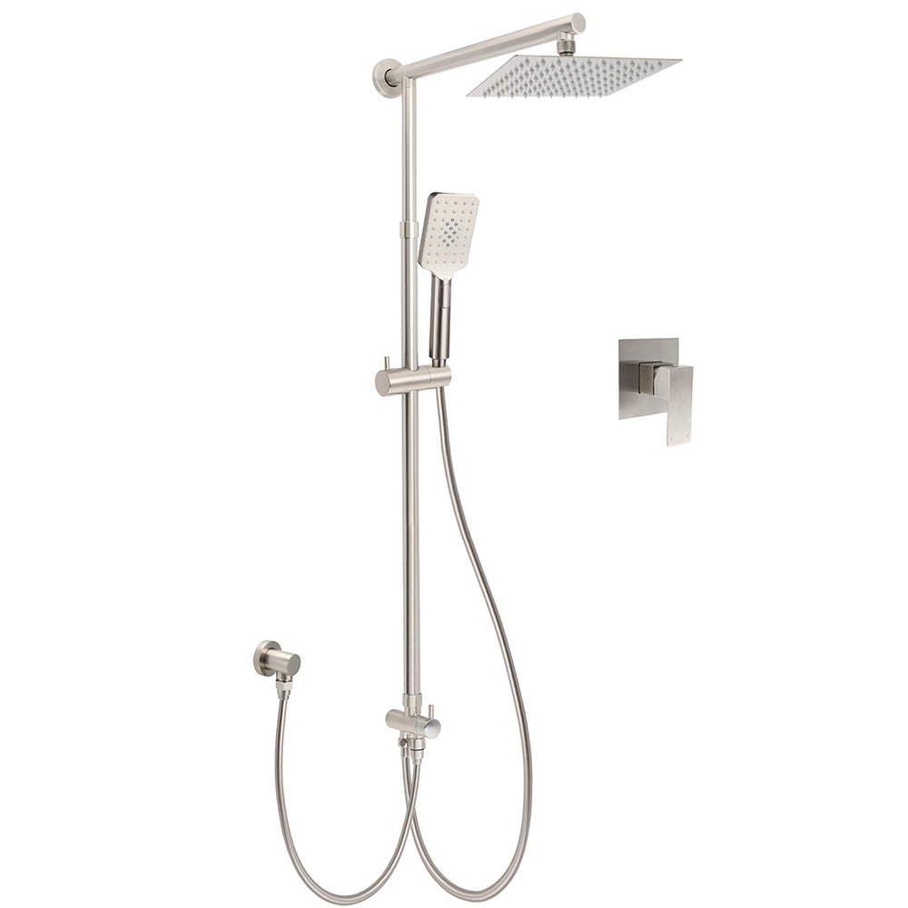 Brushed Nickel 8" Rain Head Shower Square 3 Modes Handheld Sliding Rail Arm Mixer Dual Set