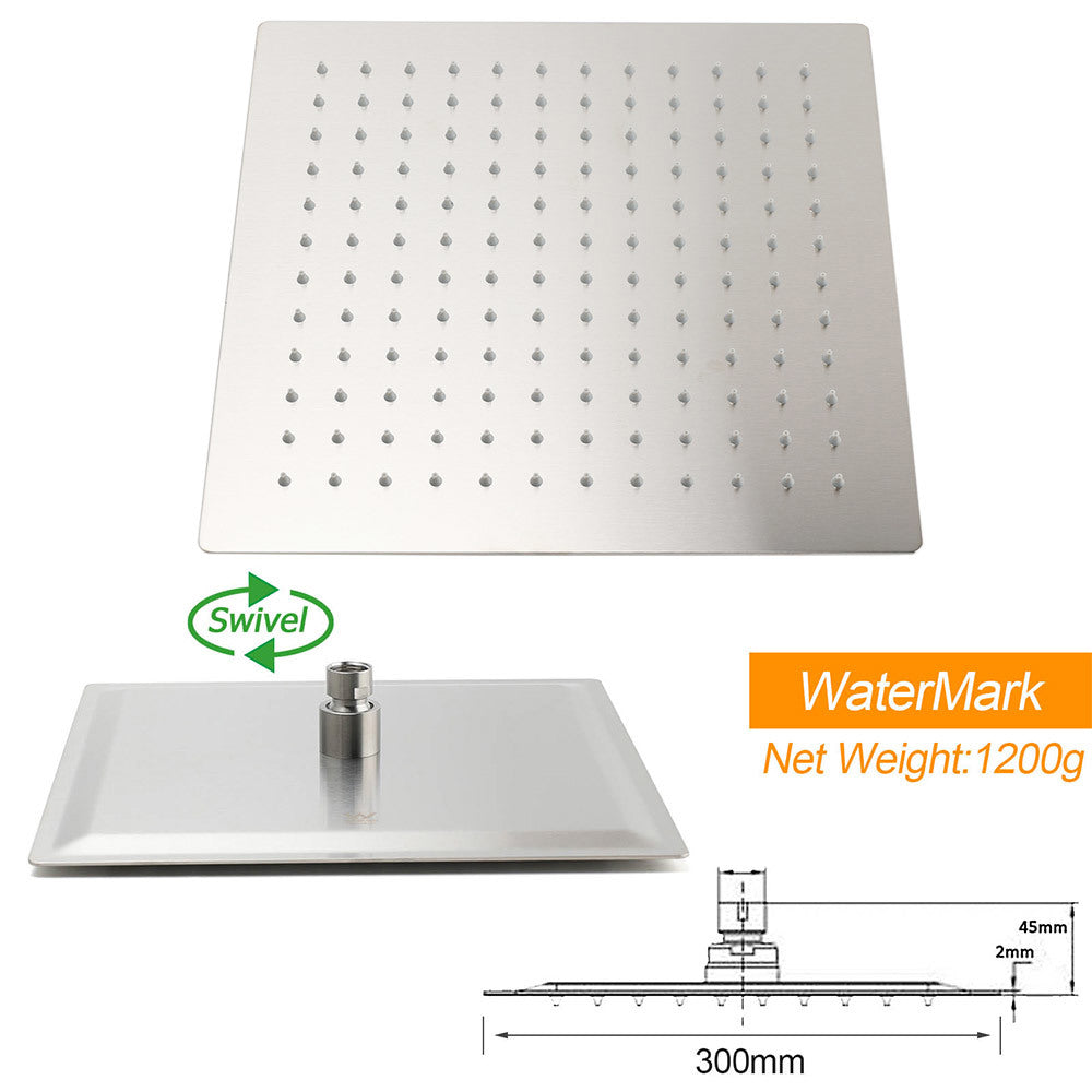 Brushed Nickel 2in1 Square 12" Thin Rainfall Head Shower 3 Modes Handheld Sliding Rail Arm Set