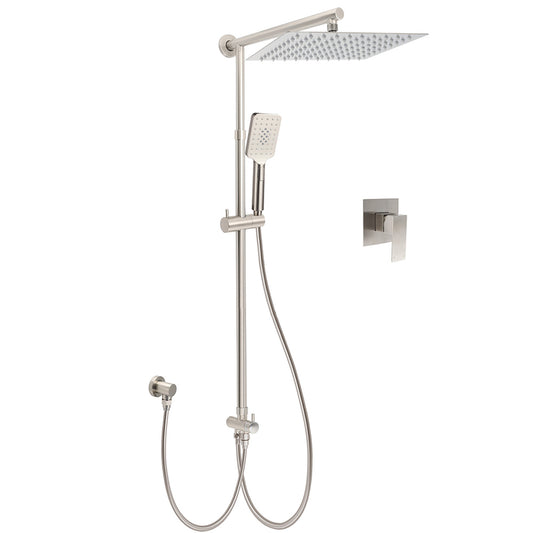 WELS Brushed Nickel 12" Rain Head Shower Square 3 Modes Handheld Sliding Rail Arm Mixer Dual Set