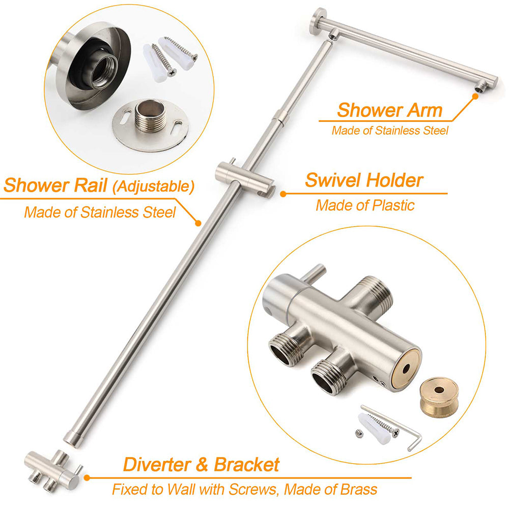 WELS Brushed Nickel 12" Rain Head Shower Square 3 Modes Handheld Sliding Rail Arm Mixer Dual Set