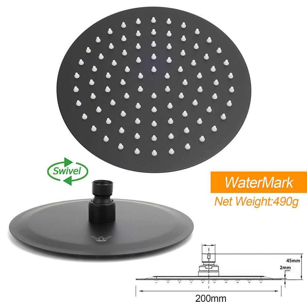 WELS Matt Black 2in1 Shower 8" Round Head Set 1 Mode Handheld Rose Sliding Rail Elbow Inlet