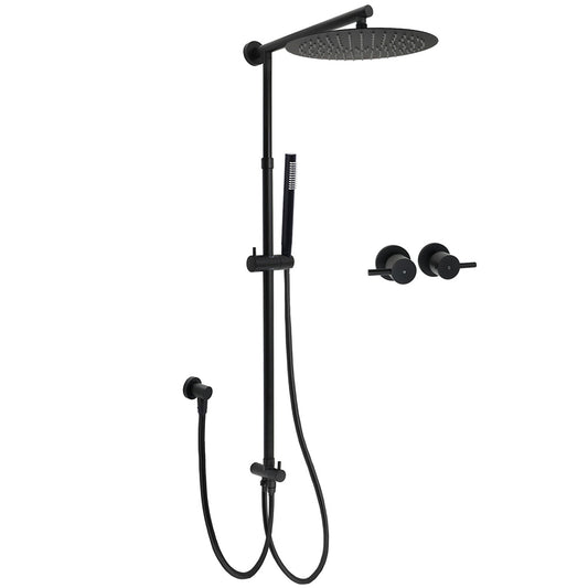 WELS Matt Black Dual 12" Round Shower Head Set Metal Handheld Rail Wall Arm Elbow Inlet Twin Taps