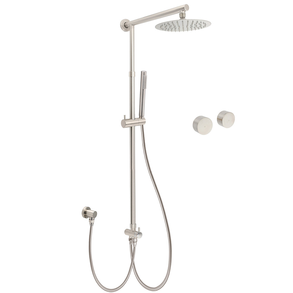Brushed Nickel Round 8" Rain Head Shower Stainless Steel Handheld Sliding Rail Arm Chrome Set + Twin Taps